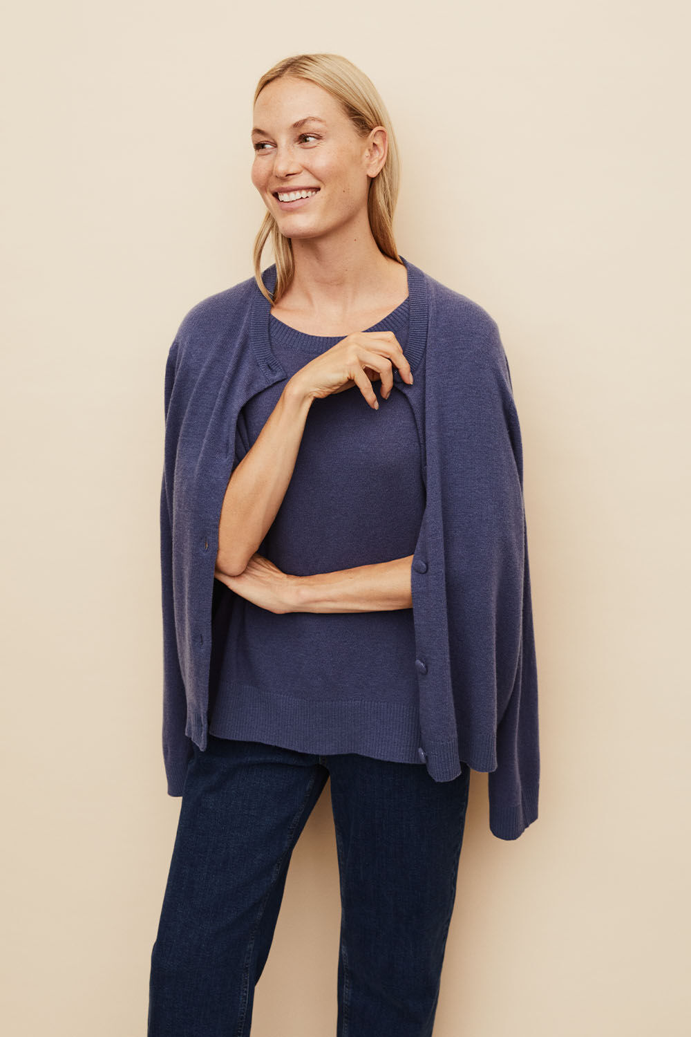 Leanna Cardigan - Gray Blue, Fallan Top - Gray Blue, Paulo Bukser - Dark Denim