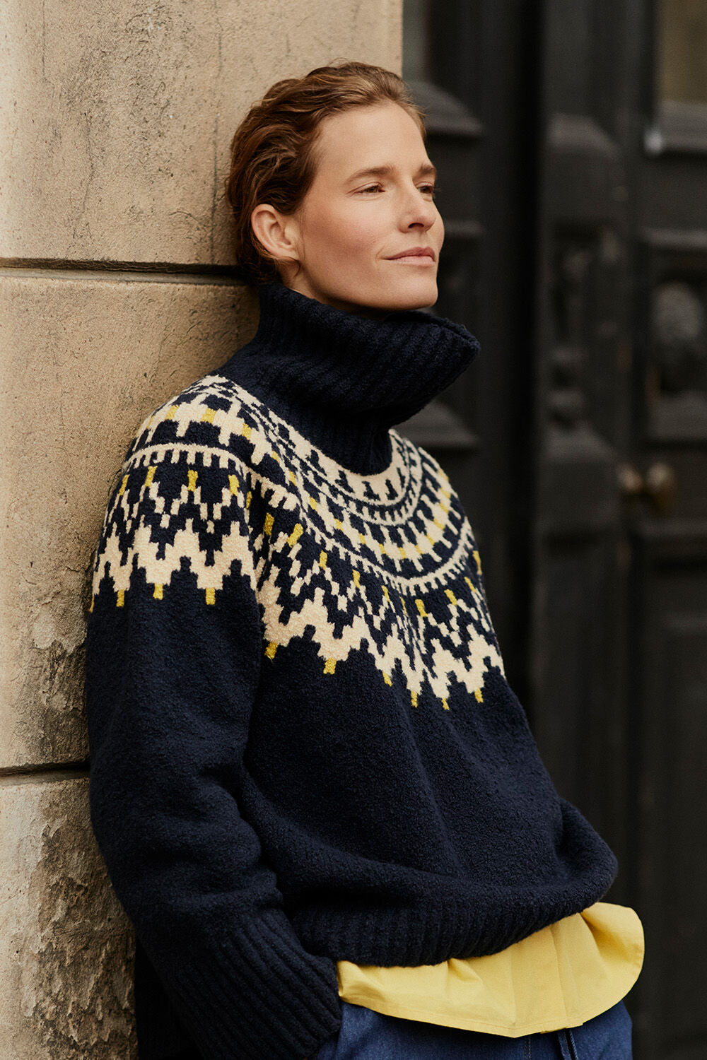 Fatima Top - Navy Blazer, Imma Skjorte - Golden Green, Polyxena Denim Bukser - Dark Denim